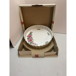 VINTAGE Christineholm Porcelain Rose Pattern Quiche Tart Scalloped Baking Dish